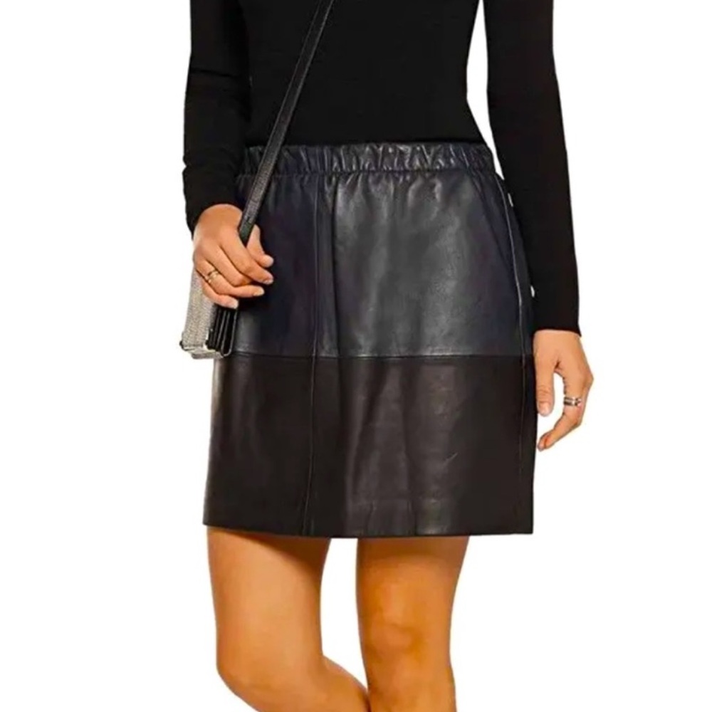 Vince deep blue black color block faux Leather pockets mini lined elastic Skirt